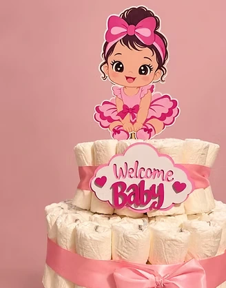 Tarta de pañales rosa con decoración de lazos para baby shower