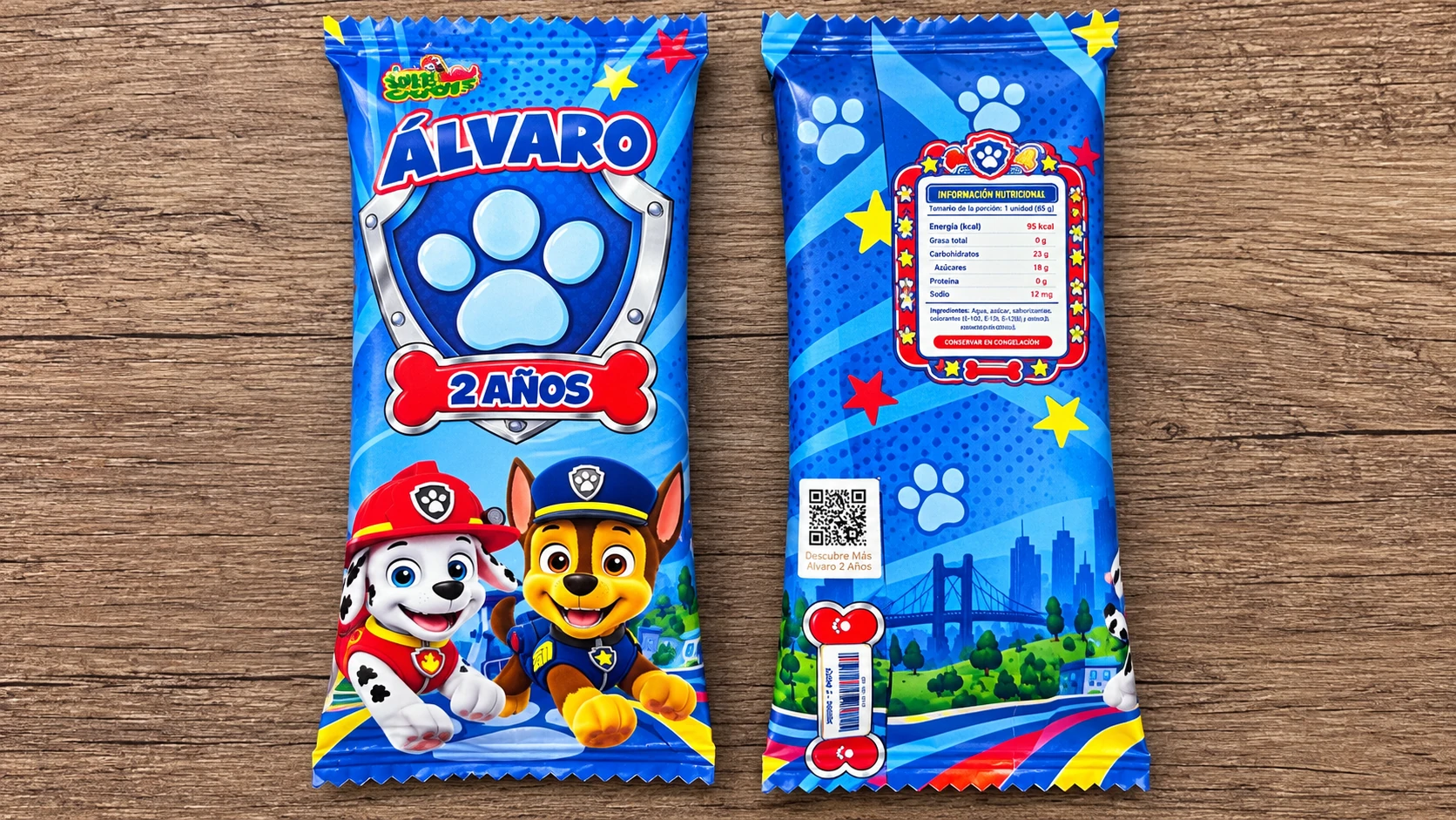 Bolsitas personalizadas Patrulla Canina para el cumpleaños de Álvaro, vistas delantera y trasera
